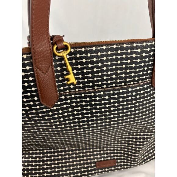 Fossil Rachel Leather Black Striped Tote Purse Classic Brown Black - Picture 10 of 16